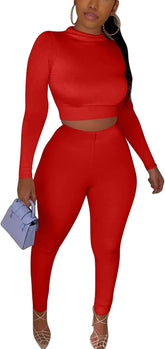 Women'S Workout Tracksuit 2 Piece Outfits Long Sleeve Crop Top High Waist Legging Pants Set