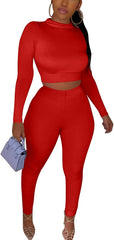 Women'S Workout Tracksuit 2 Piece Outfits Long Sleeve Crop Top High Waist Legging Pants Set