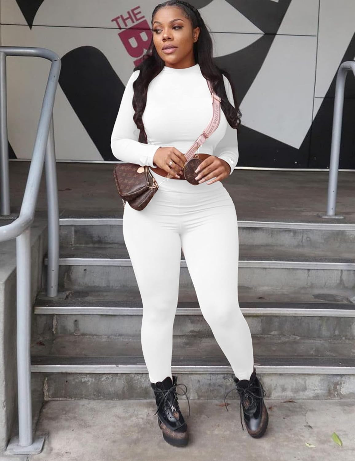 Women'S Workout Tracksuit 2 Piece Outfits Long Sleeve Crop Top High Waist Legging Pants Set