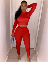 Women'S Workout Tracksuit 2 Piece Outfits Long Sleeve Crop Top High Waist Legging Pants Set