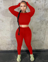 Women'S Workout Tracksuit 2 Piece Outfits Long Sleeve Crop Top High Waist Legging Pants Set