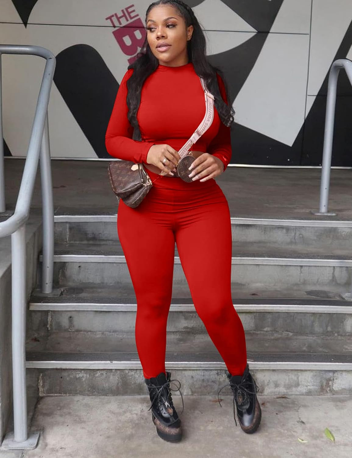 Women'S Workout Tracksuit 2 Piece Outfits Long Sleeve Crop Top High Waist Legging Pants Set