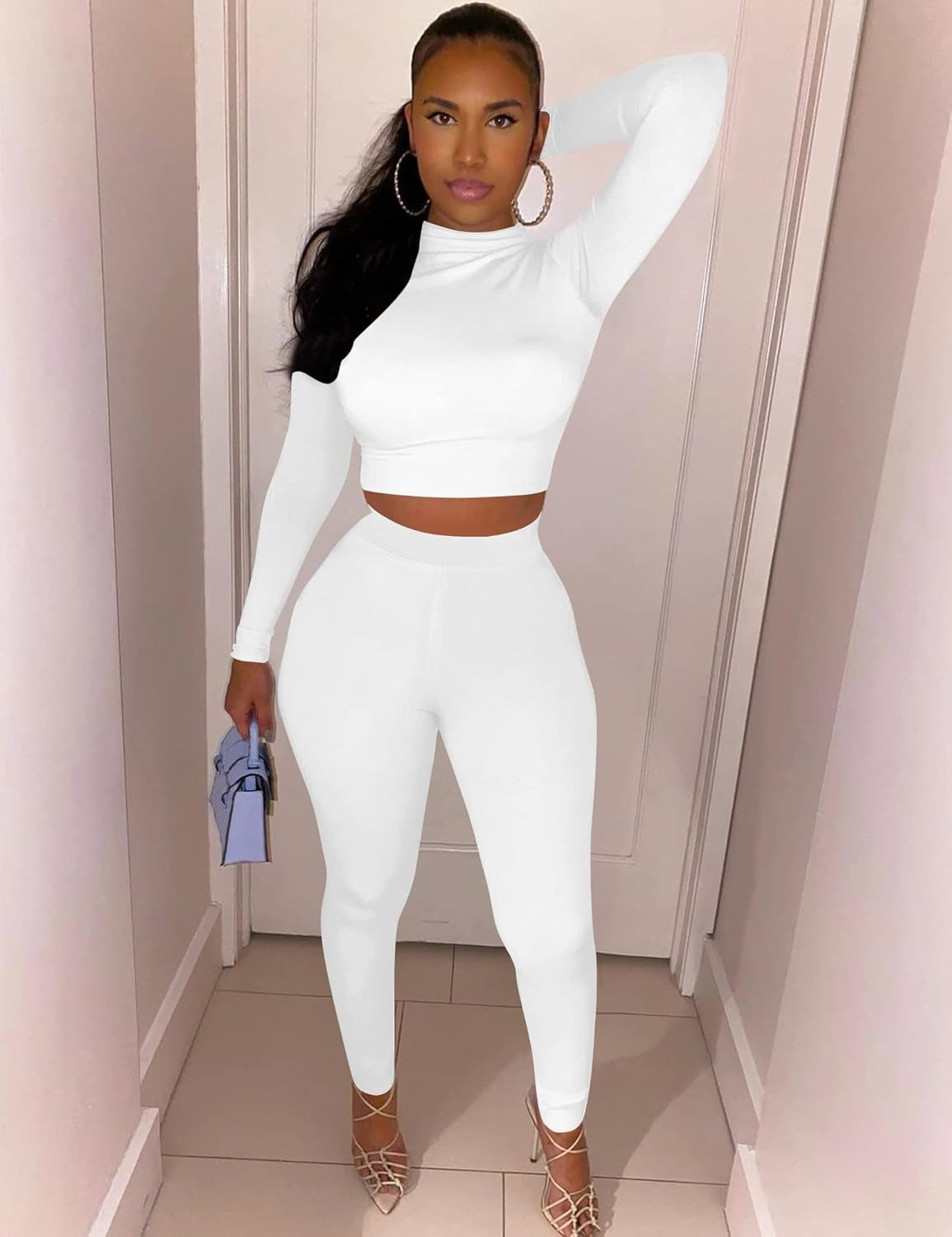 Women'S Workout Tracksuit 2 Piece Outfits Long Sleeve Crop Top High Waist Legging Pants Set