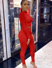 Women'S Workout Tracksuit 2 Piece Outfits Long Sleeve Crop Top High Waist Legging Pants Set