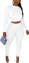 Women'S Workout Tracksuit 2 Piece Outfits Long Sleeve Crop Top High Waist Legging Pants Set