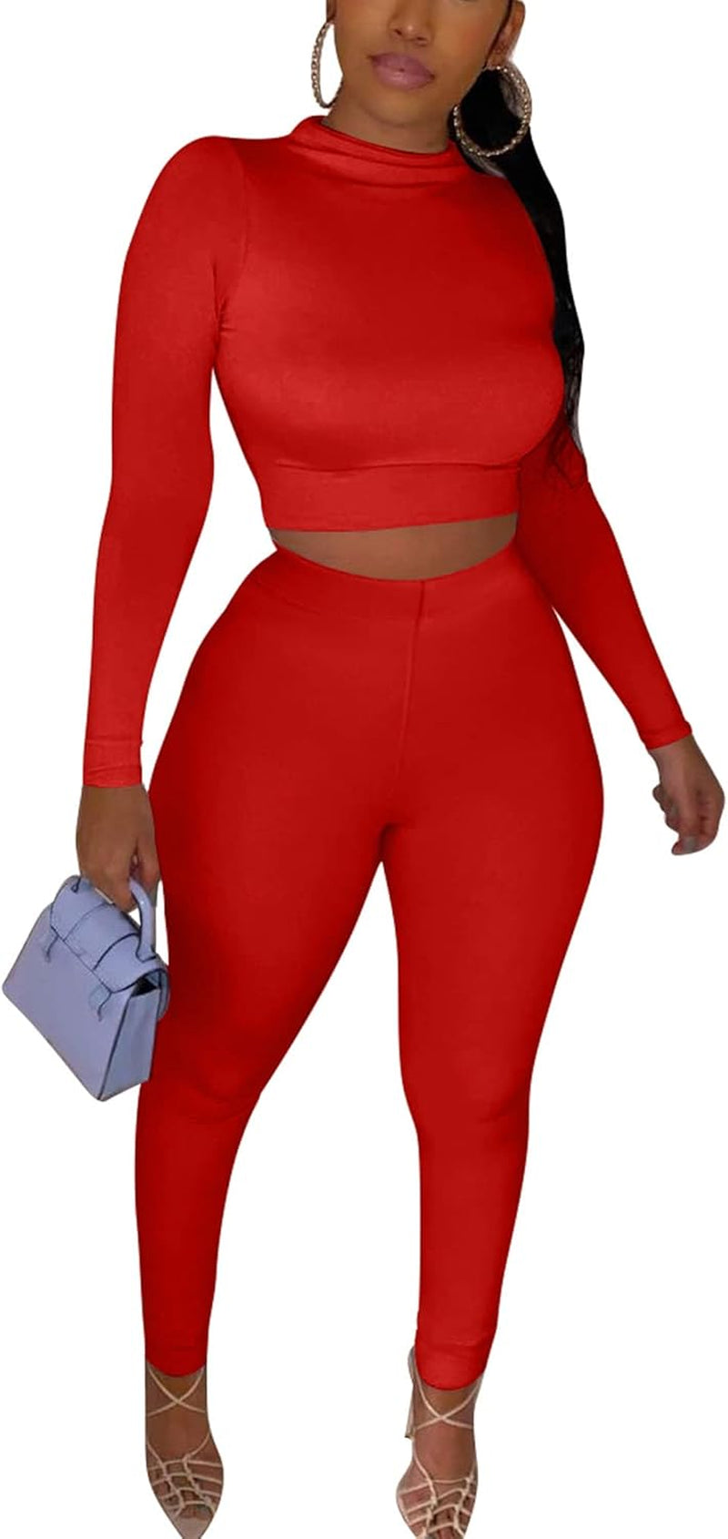 Women'S Workout Tracksuit 2 Piece Outfits Long Sleeve Crop Top High Waist Legging Pants Set